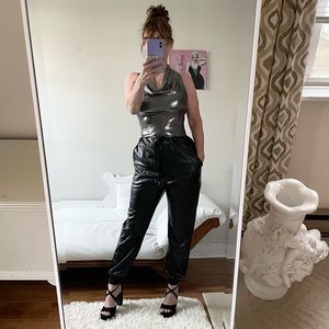 BLACK FAUX LEATHER JOGGING PANTS POCKETS DRAWSTRING WAIST ANKLE CUFFS